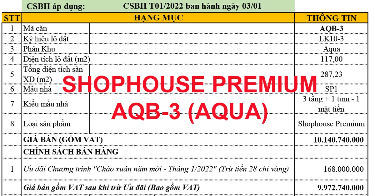 Bán Shophouse Premium Aqua AQB-3